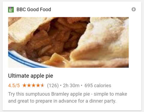 A screenshot of a structured data Google search result for 'apple pie' on a mobile device